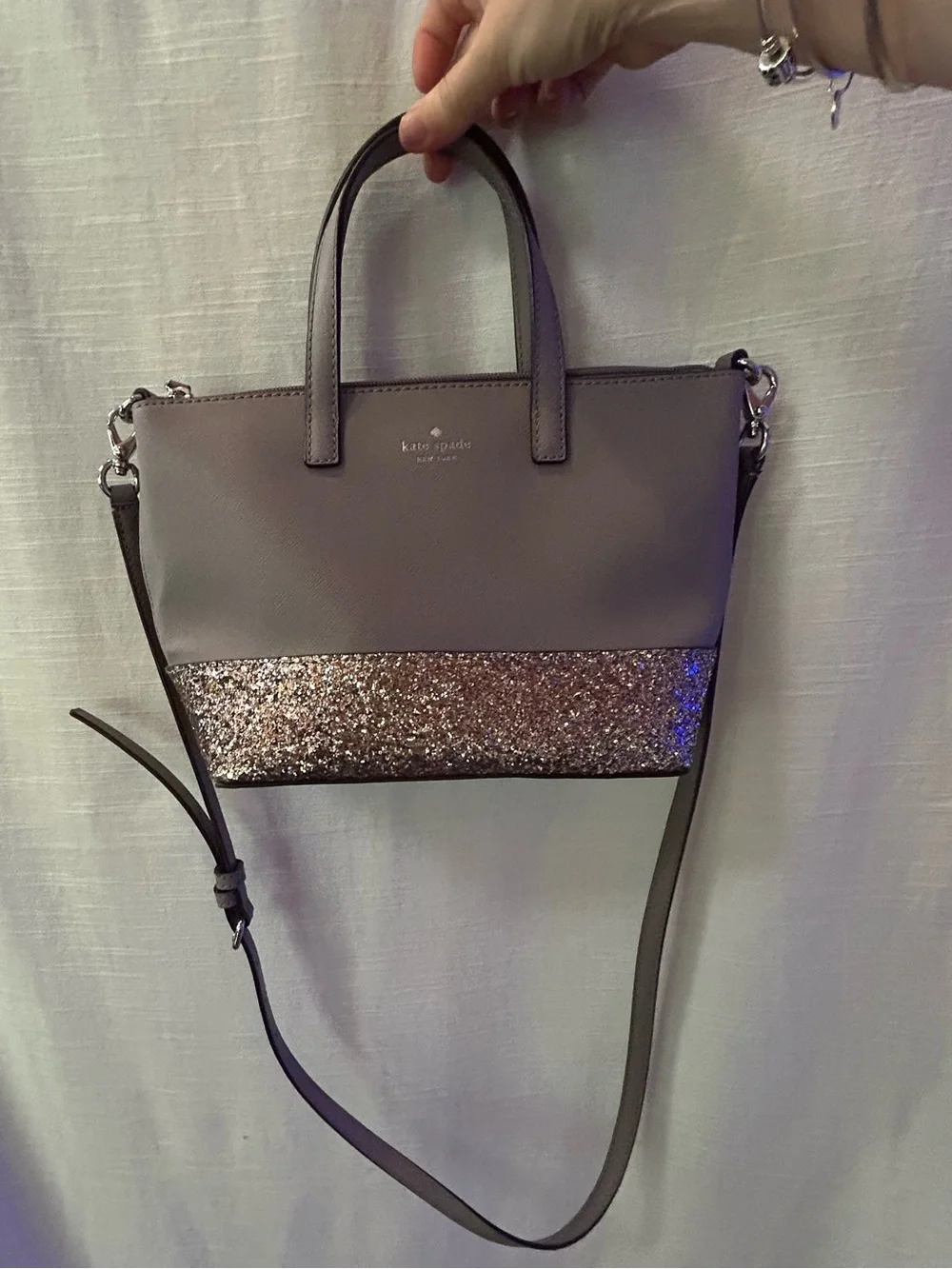 kate spade taupe glitter two-tone small satchel with gold sparkle